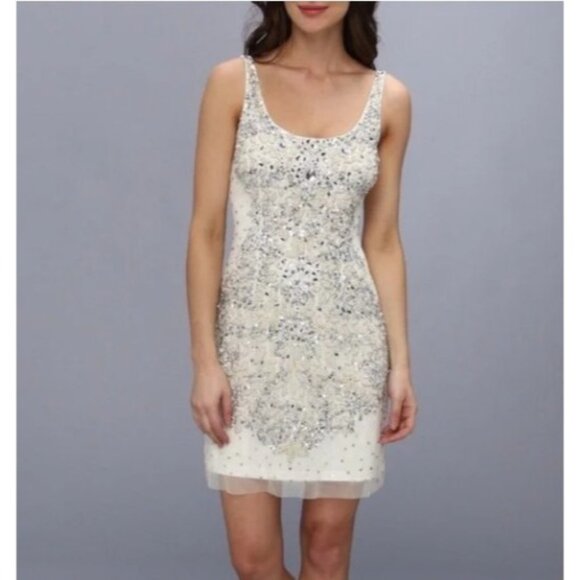 Adrianna Papell Dresses & Skirts - Adrianna Papell Women White Embellished Beaded Illusion Dress Size 4 Cocktail